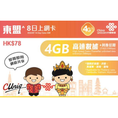 中國聯通 4G 8日香港 泰國 老撾  緬甸  柬埔寨 越南 东盟通用無限上網卡